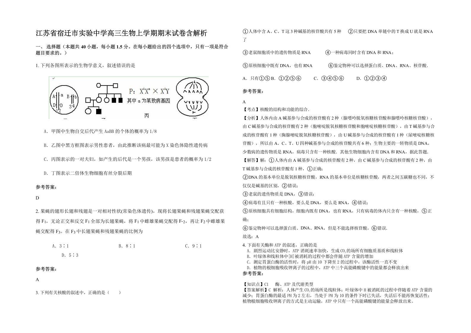 江苏省宿迁市实验中学高三生物上学期期末试卷含解析