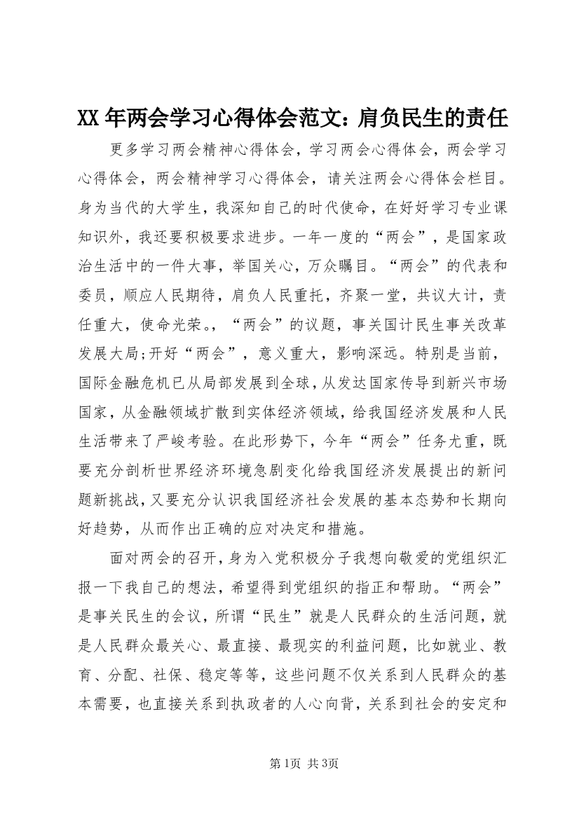 XX年两会学习心得体会范文：肩负民生的责任