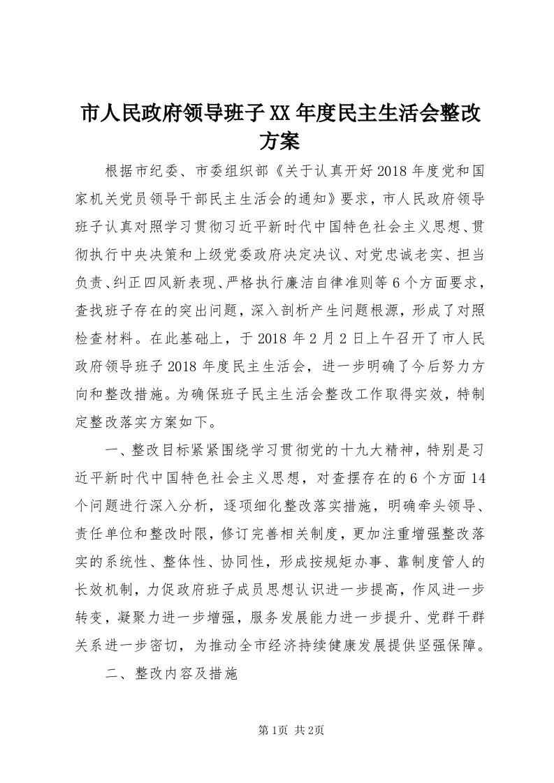 5市人民政府领导班子某年度民主生活会整改方案