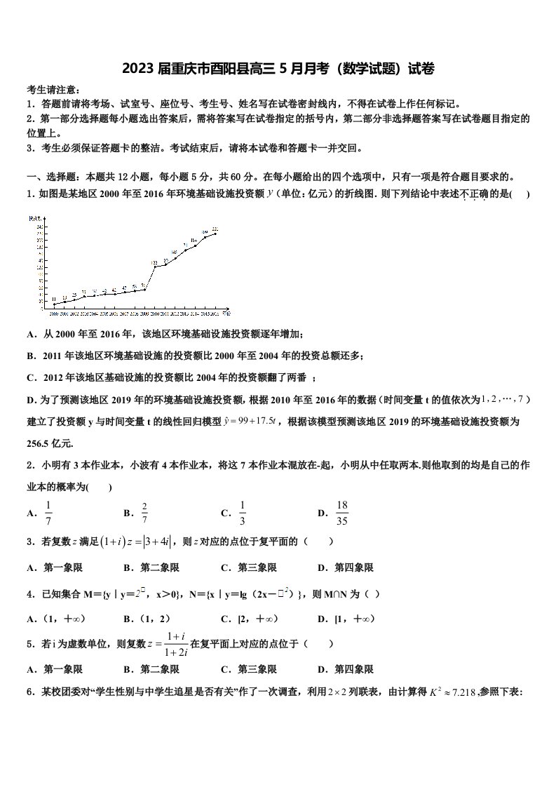 2023届重庆市酉阳县高三5月月考（数学试题）试卷含解析