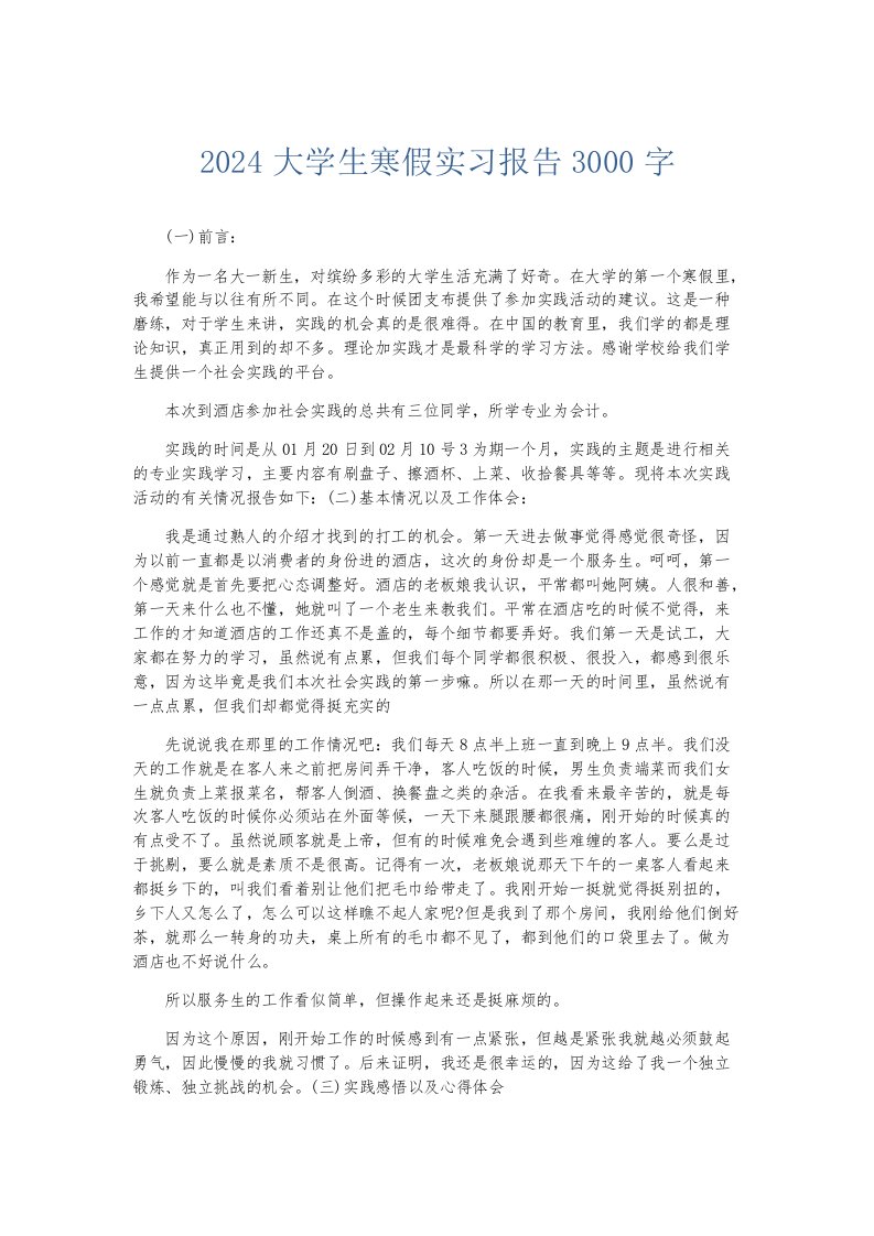 实习报告2024大学生寒假实习报告3000字