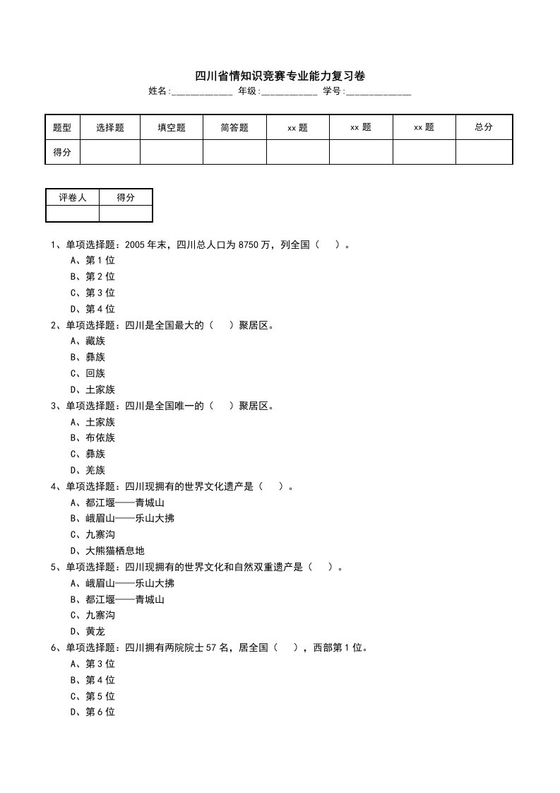 四川省情知识竞赛专业能力复习卷