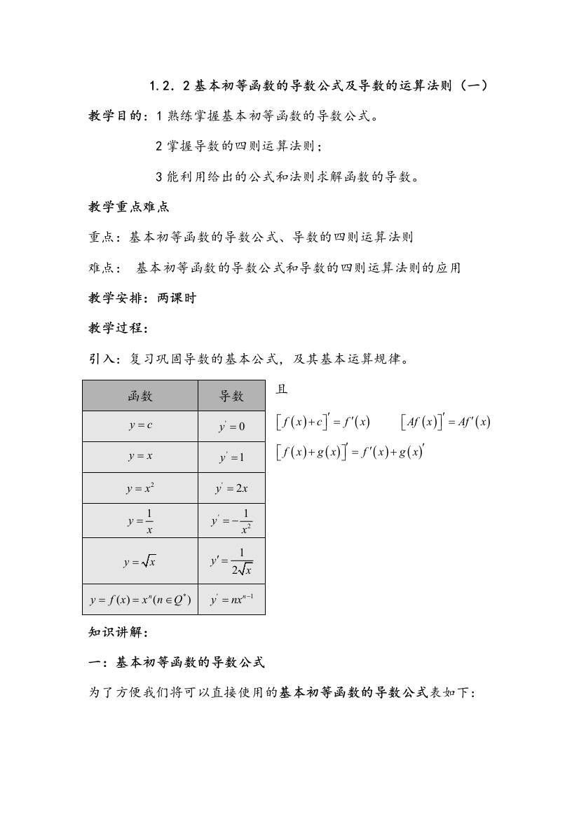 基本初等函数导数公式附导数运算法则