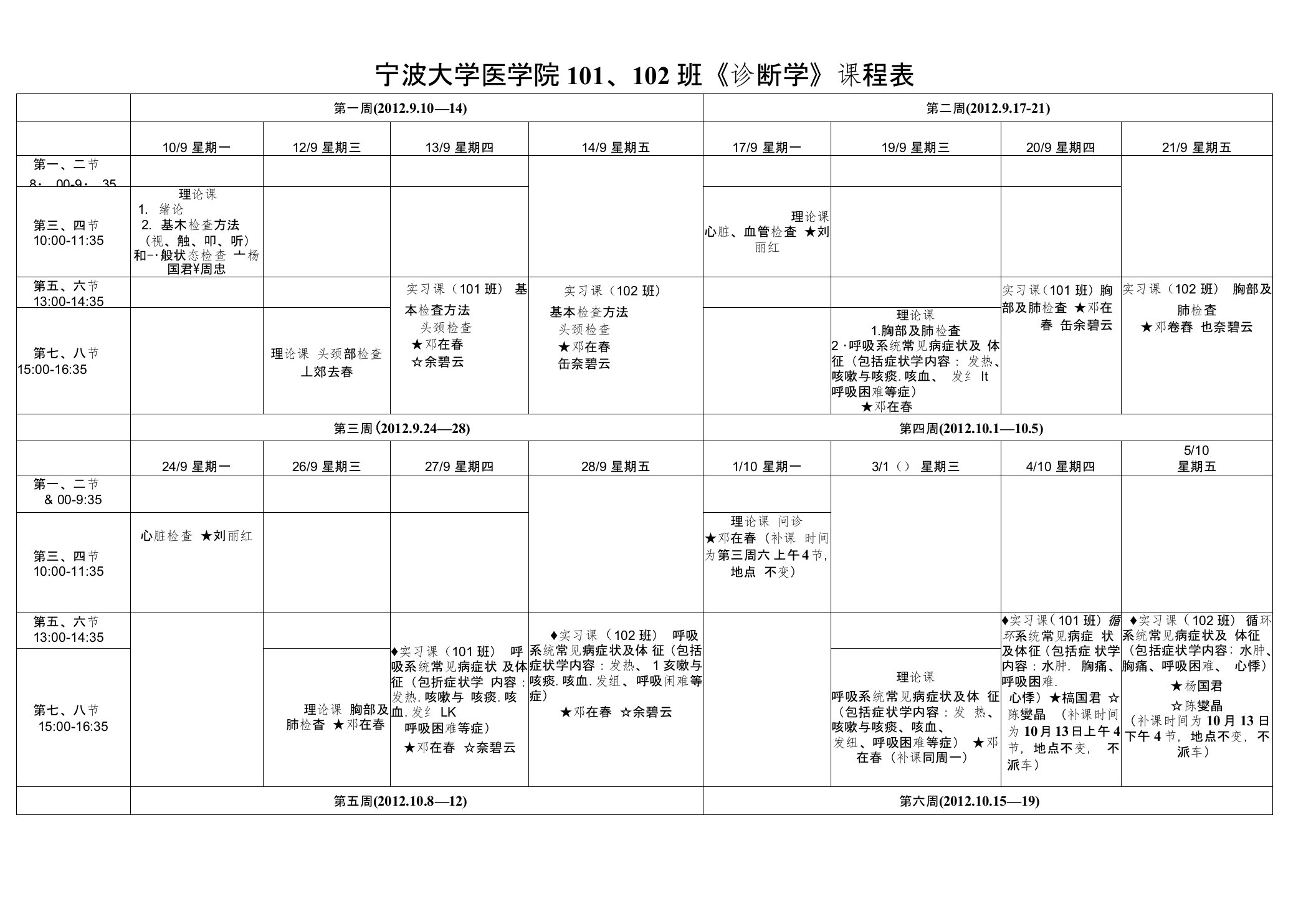 宁波大学医学院101、102班《诊断学》课程表