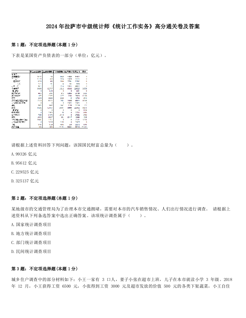 2024年拉萨市中级统计师《统计工作实务》高分通关卷及答案