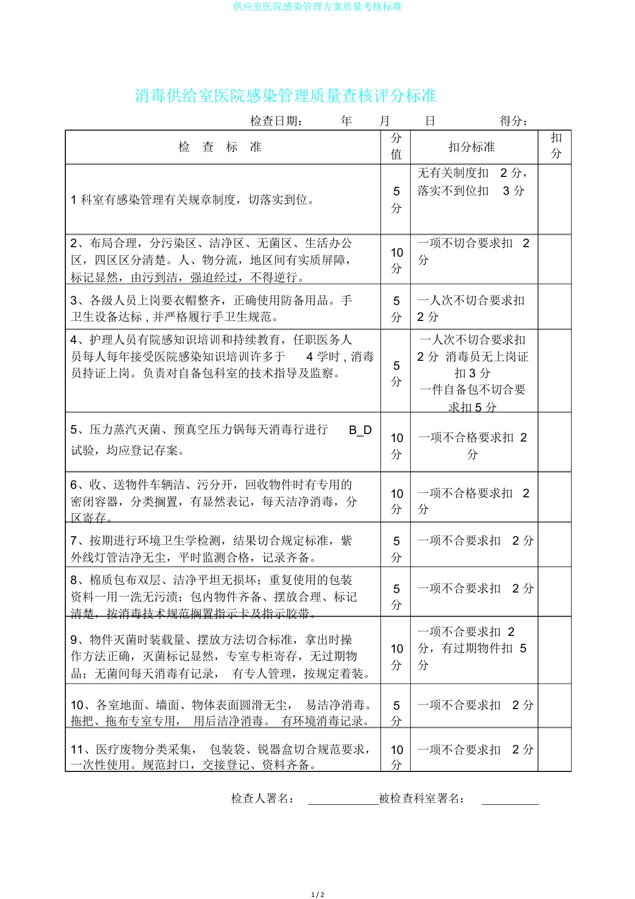 供应室医院感染管理方案质量考核标准