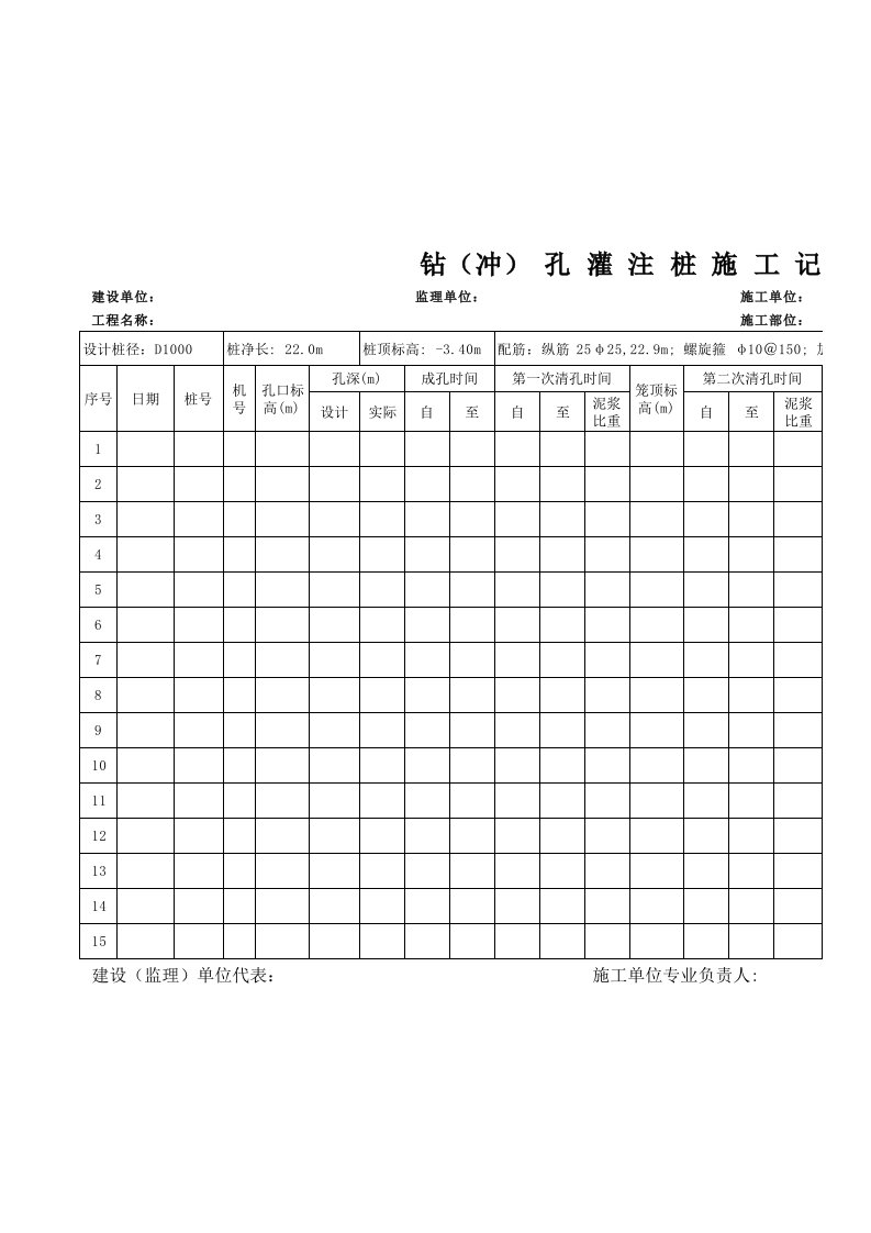 钻(冲)孔灌注桩施工记录表