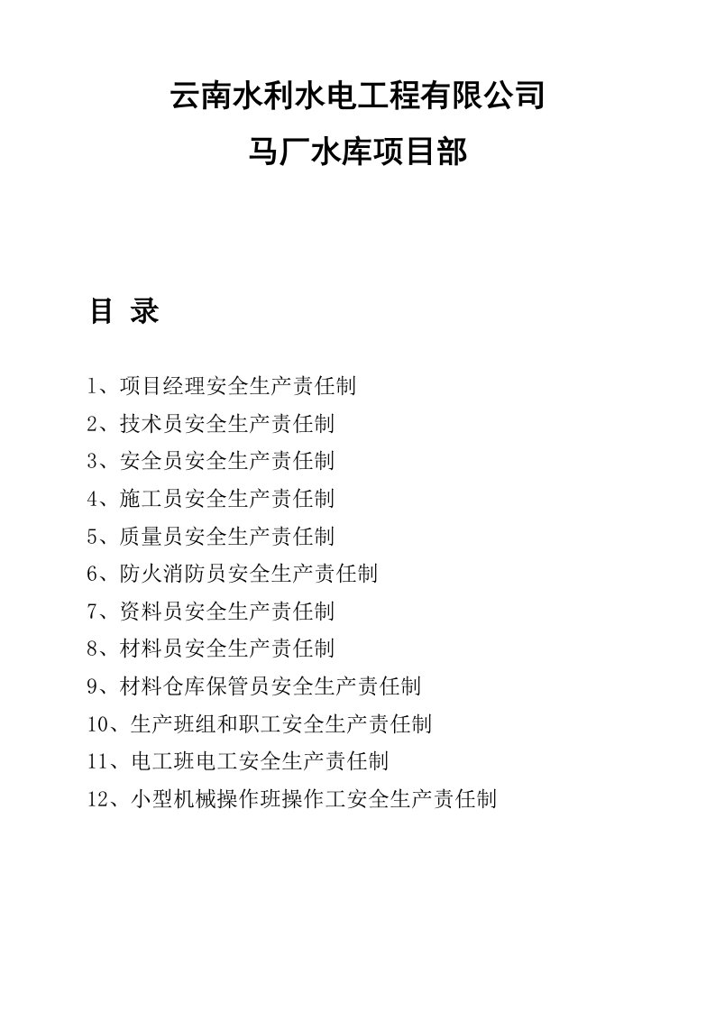 水利工程项目部管理人员安全生产责任制