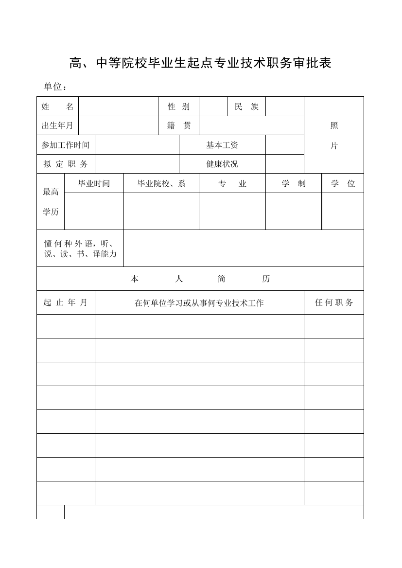 高、中等院校毕业生起点专业技术职务审批表