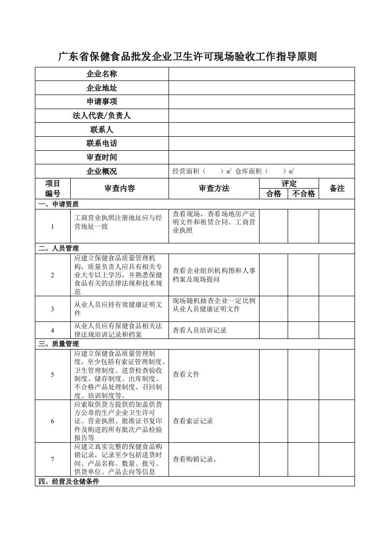 广东省保健食品批发企业卫生许可现场验收工作指导原则