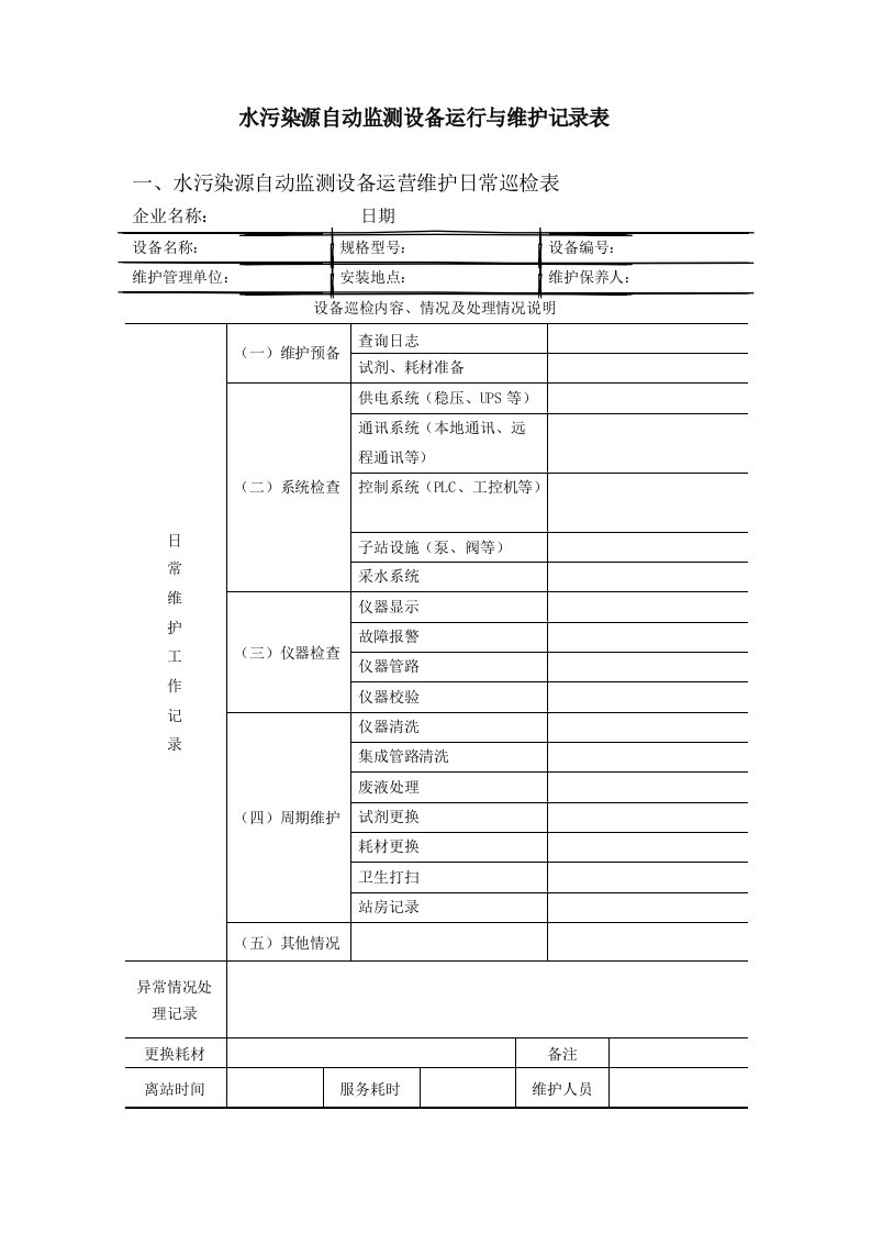 水污染源自动监测设备运行与维护记录表