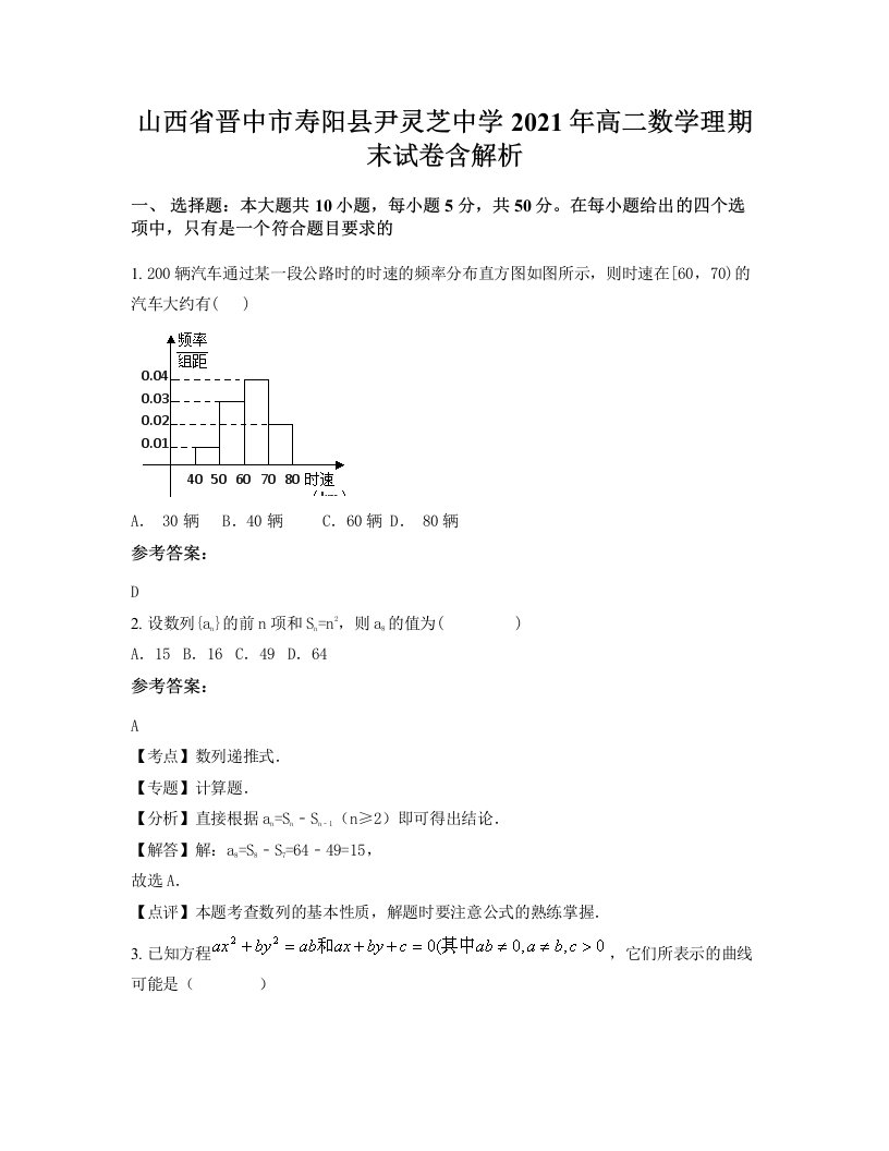 山西省晋中市寿阳县尹灵芝中学2021年高二数学理期末试卷含解析