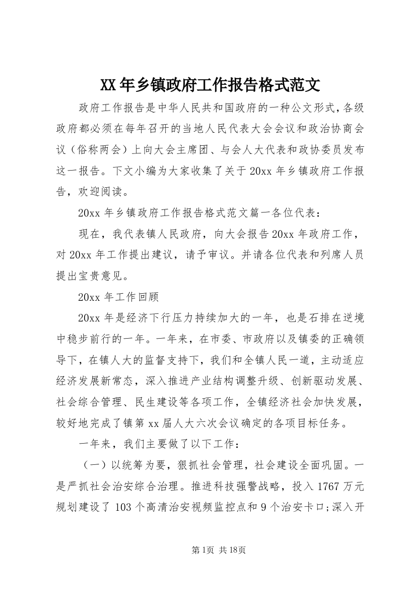 XX年乡镇政府工作报告格式范文