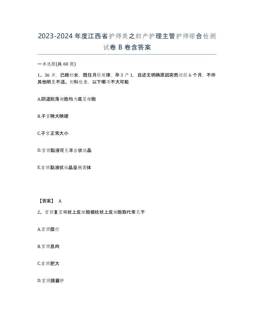 2023-2024年度江西省护师类之妇产护理主管护师综合检测试卷B卷含答案