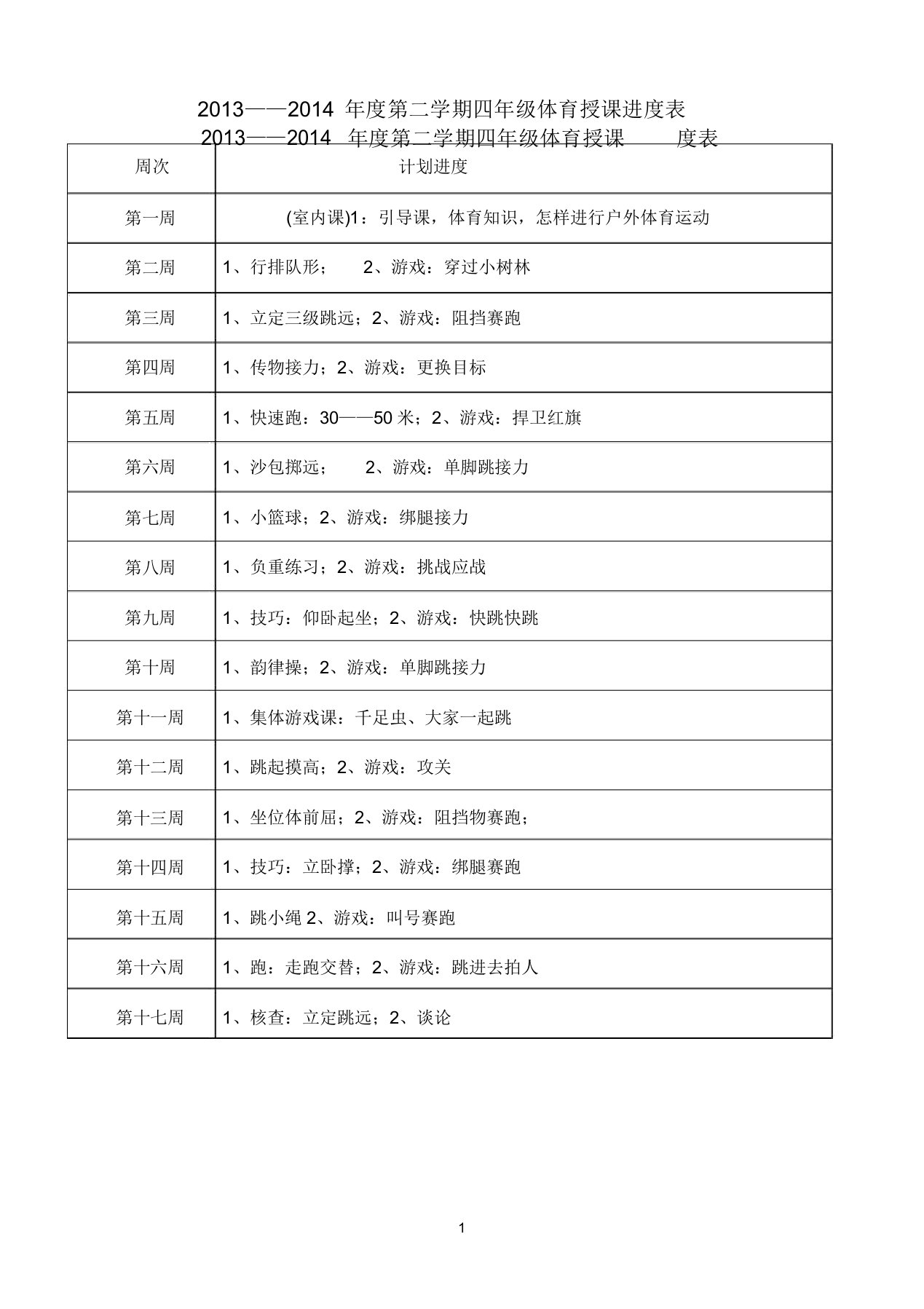 四年级下册体育教案