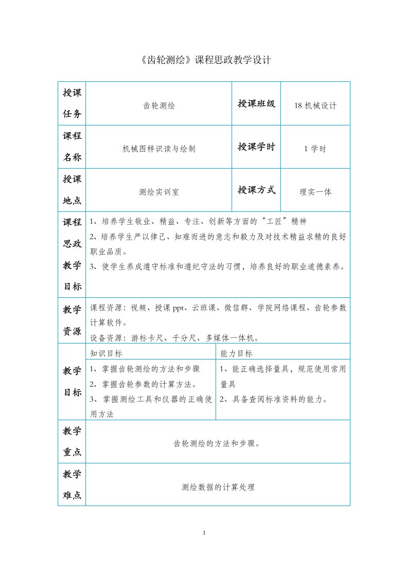 齿轮测绘课程思政教学设计