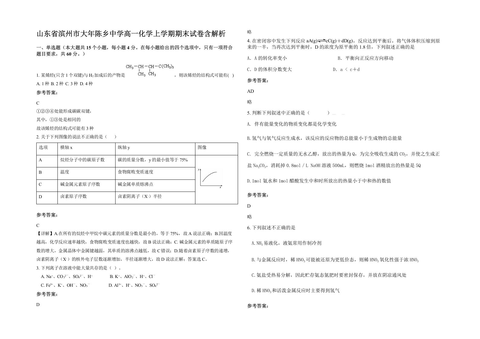 山东省滨州市大年陈乡中学高一化学上学期期末试卷含解析