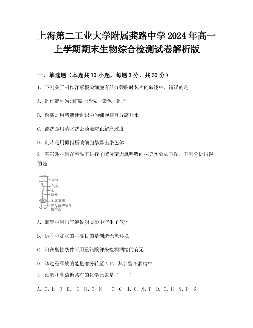 上海第二工业大学附属龚路中学2024年高一上学期期末生物综合检测试卷解析版