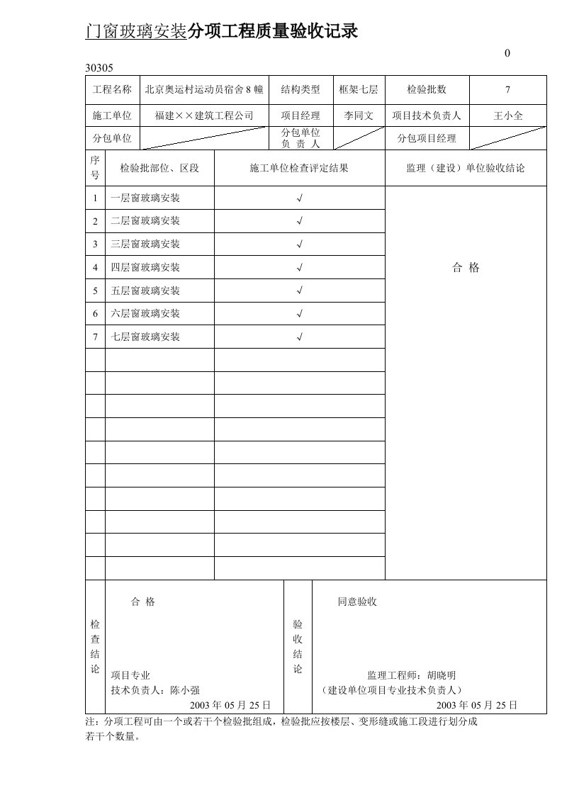 门窗玻璃安装验收记录