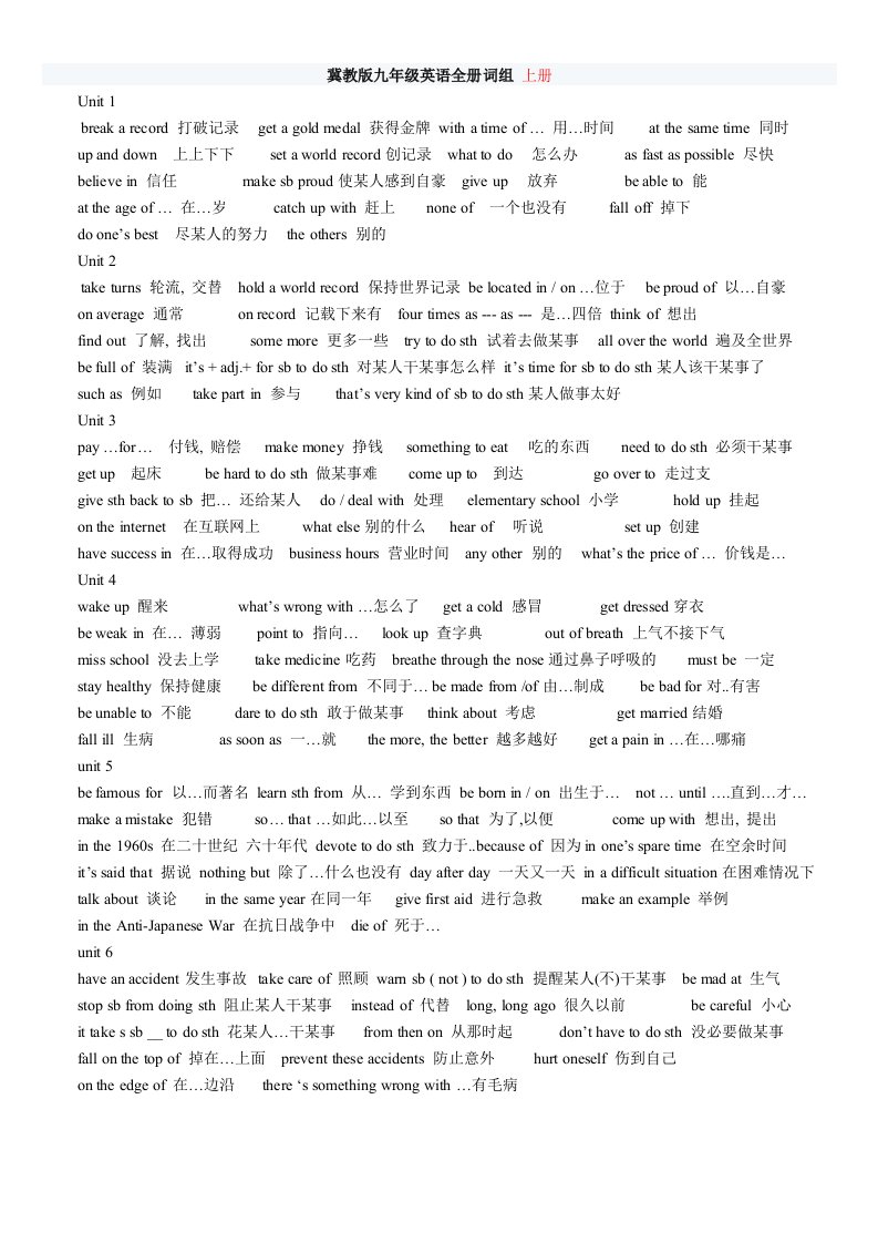 冀教版九年级英语全册词组