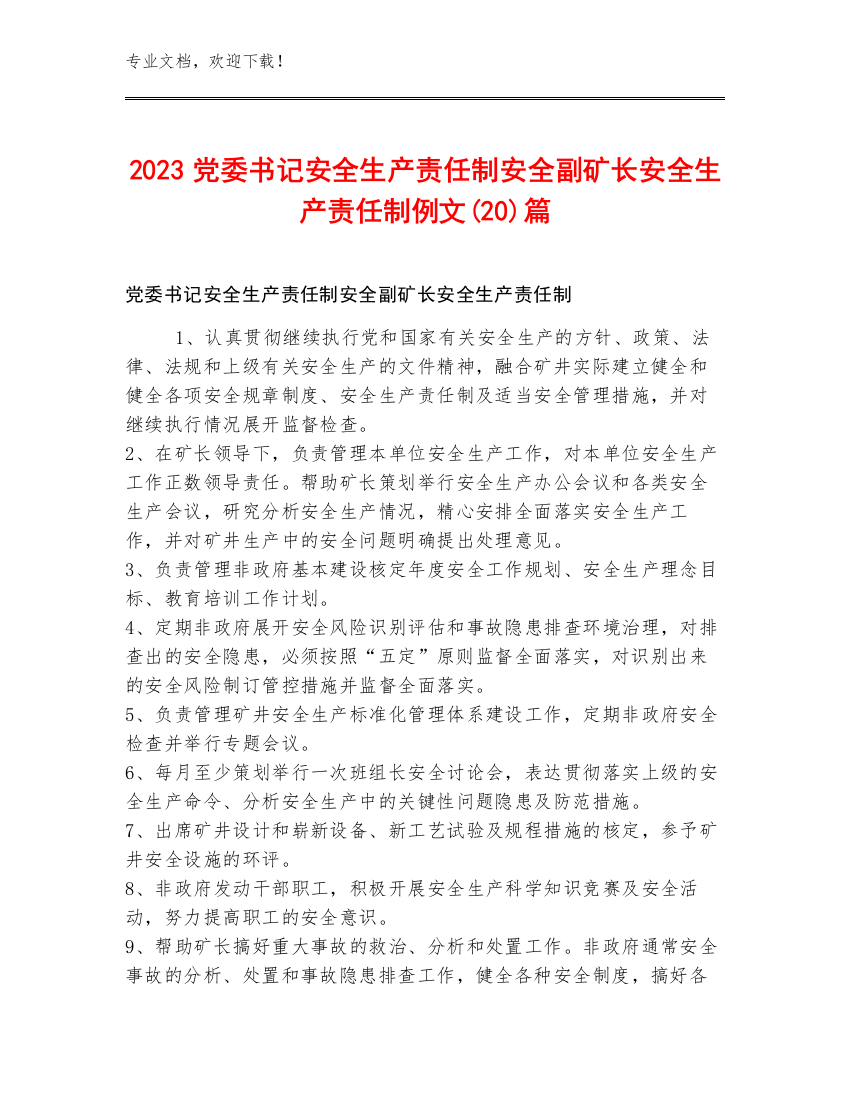 2023党委书记安全生产责任制安全副矿长安全生产责任制例文(20)篇