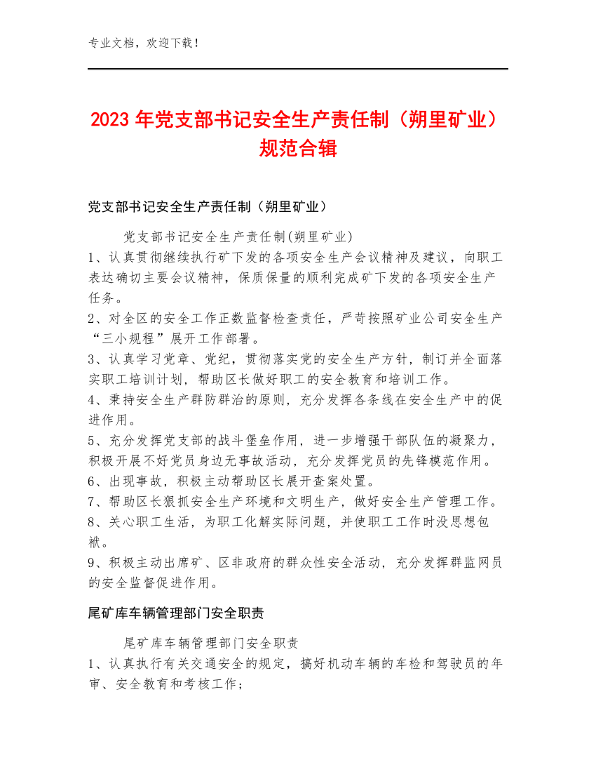 2023年党支部书记安全生产责任制（朔里矿业）规范合辑