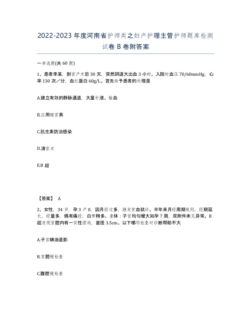 2022-2023年度河南省护师类之妇产护理主管护师题库检测试卷B卷附答案