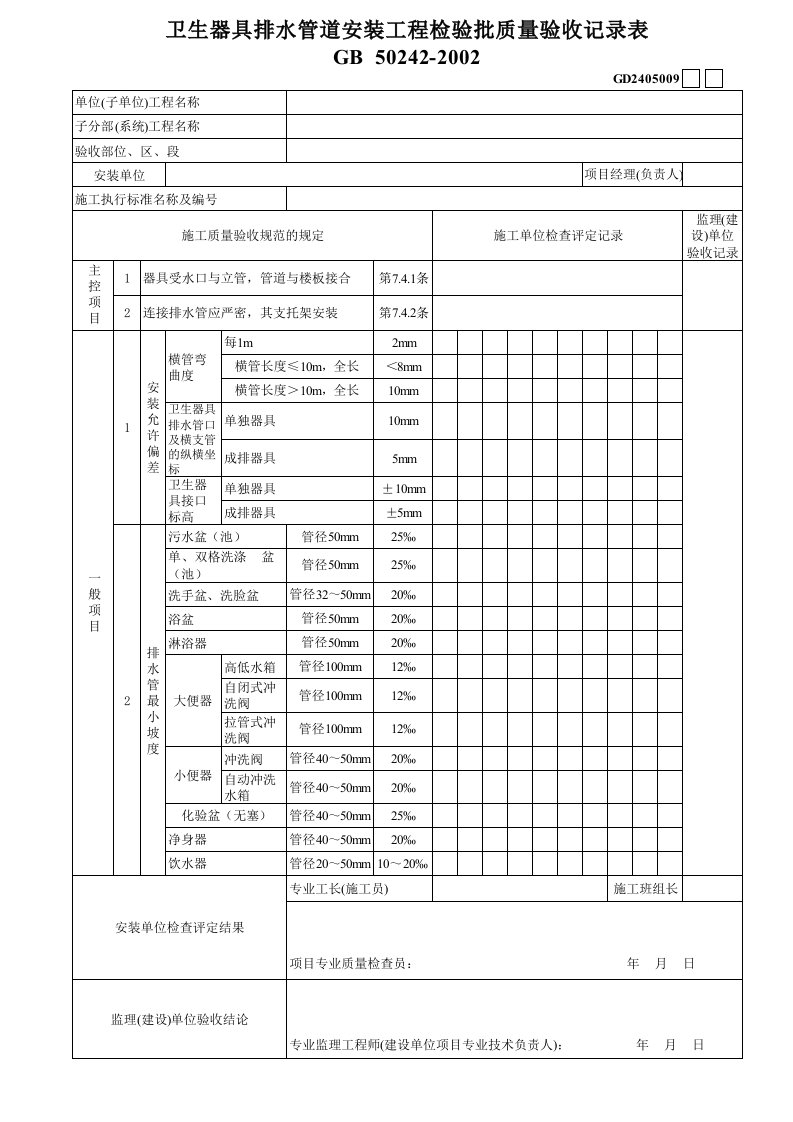 建筑资料-2卫生器具排水管道安装工程检验批质量验收记录表