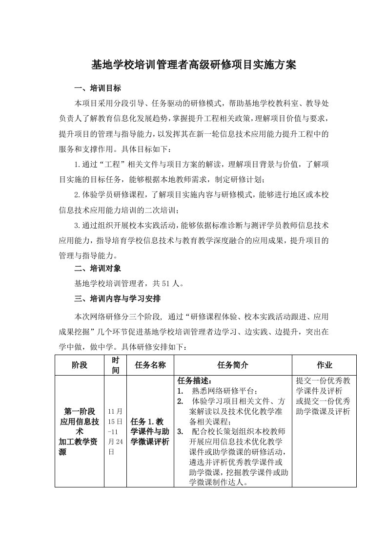 基地学校培训管理者高级研修项目实施方案