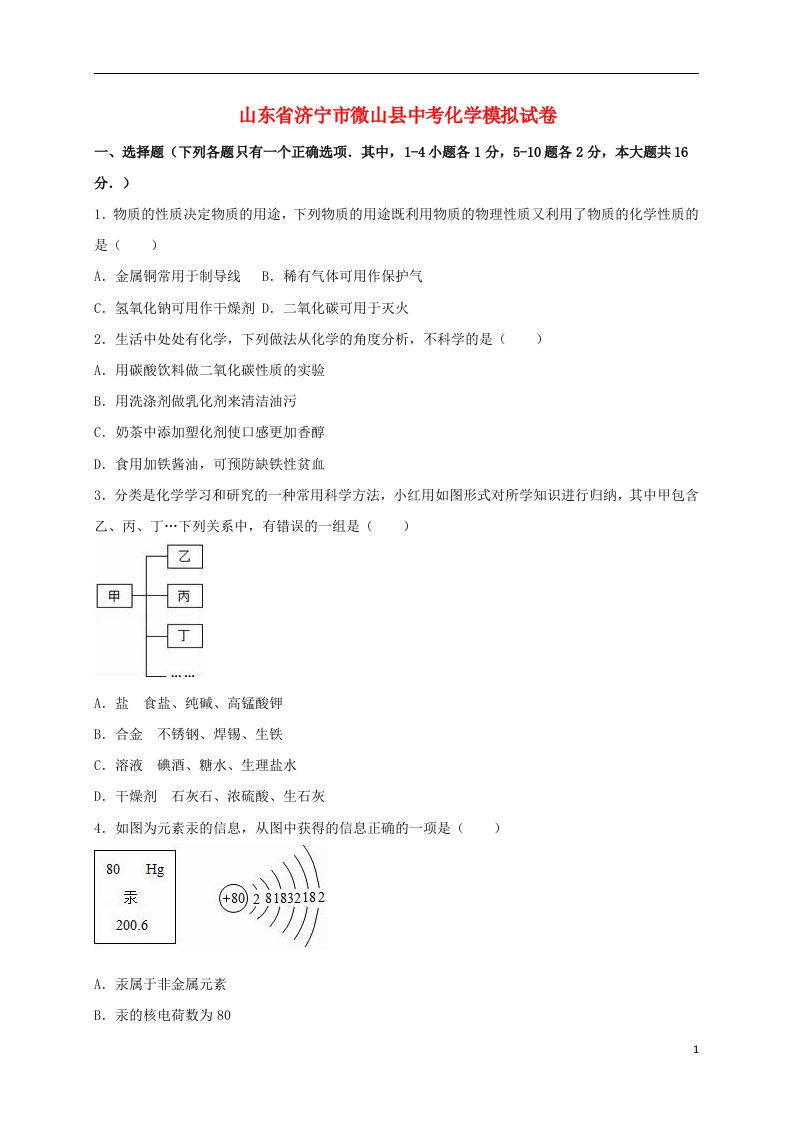 山东省济宁市微山县中考化学模拟试题（含解析）