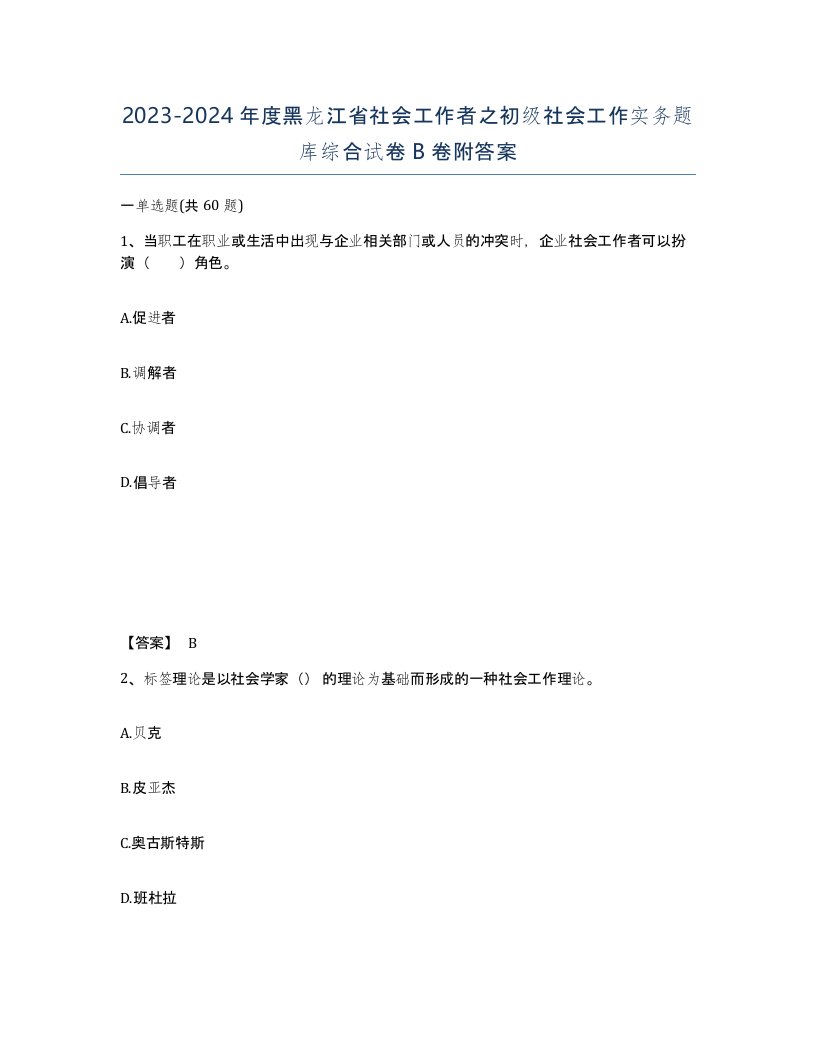 2023-2024年度黑龙江省社会工作者之初级社会工作实务题库综合试卷B卷附答案