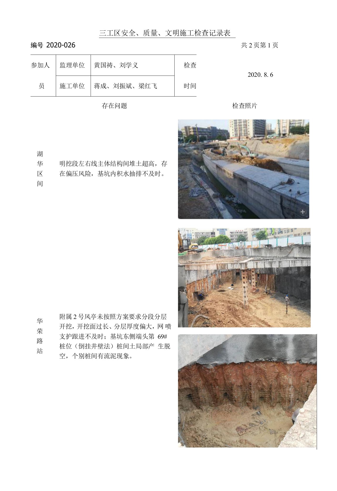 三工区（周）安全、质量、文明施工巡视检查记录表（编号2020-026）2020.8.6