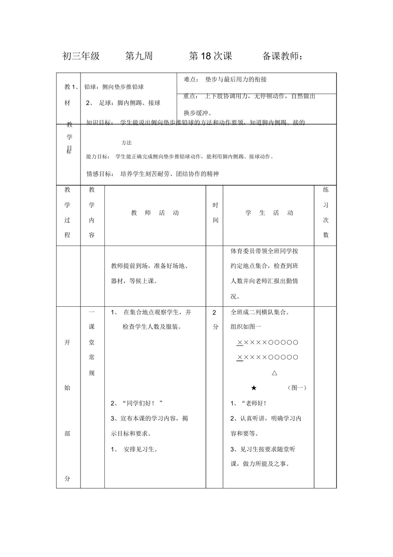 初三体育与健康教案集：铅球：侧向垫步推铅球(3)