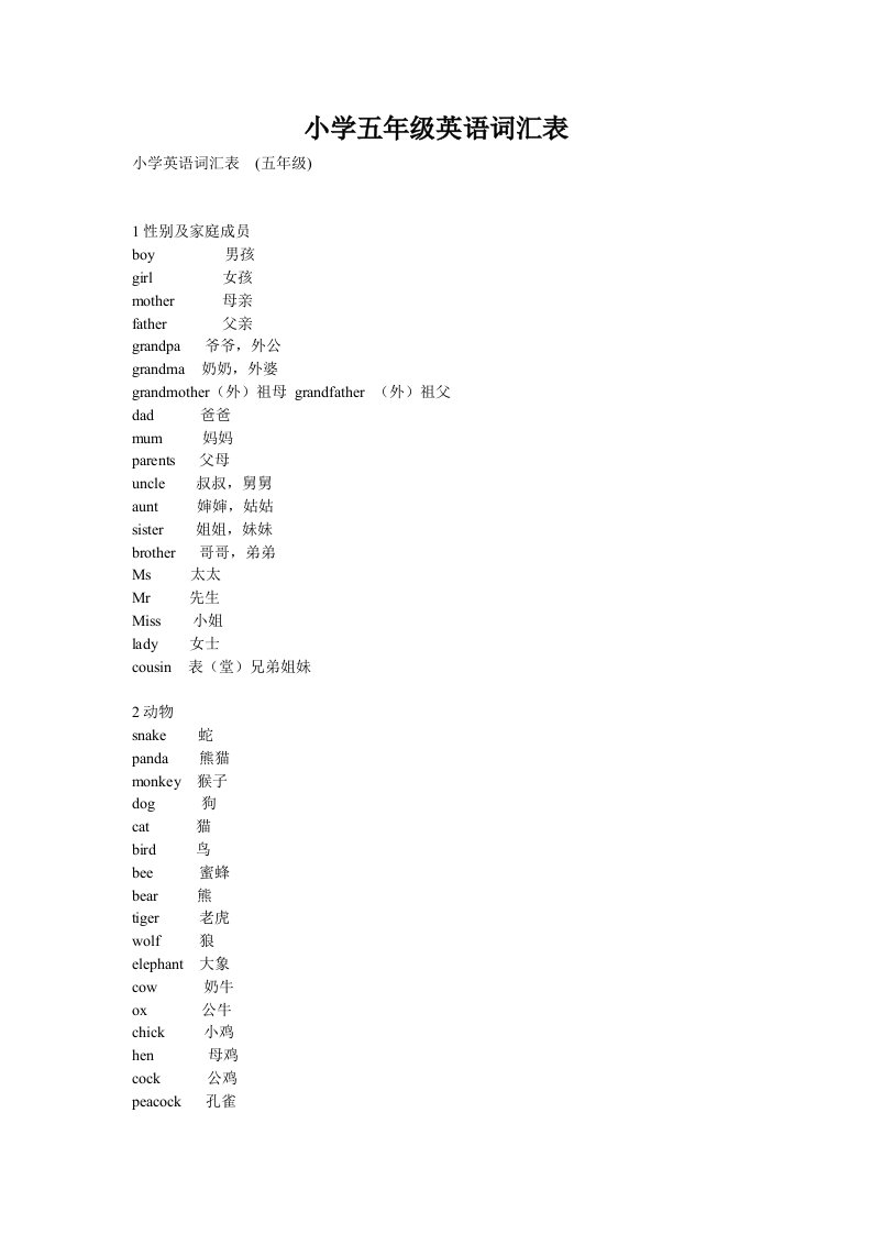 小学五年级英语词汇表