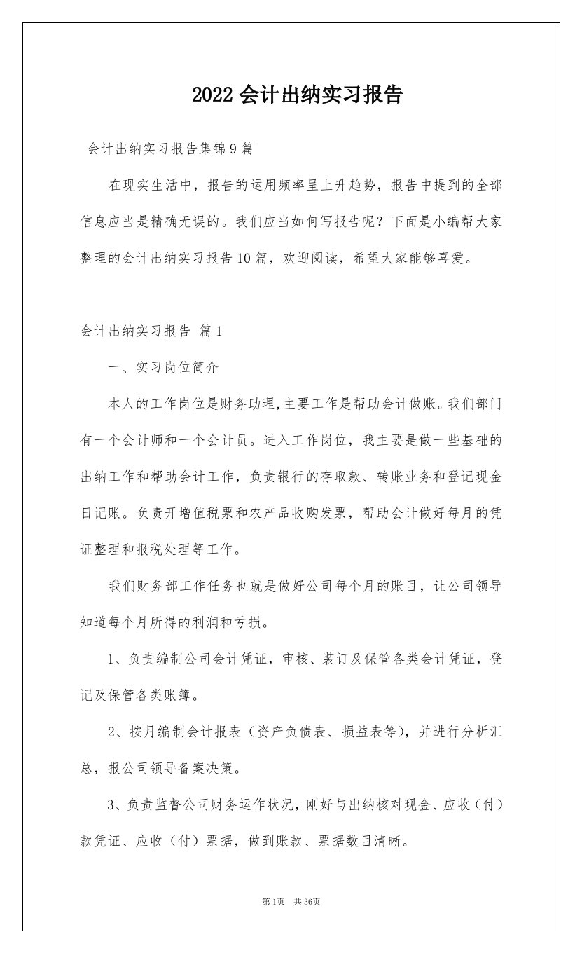 2022会计出纳实习报告