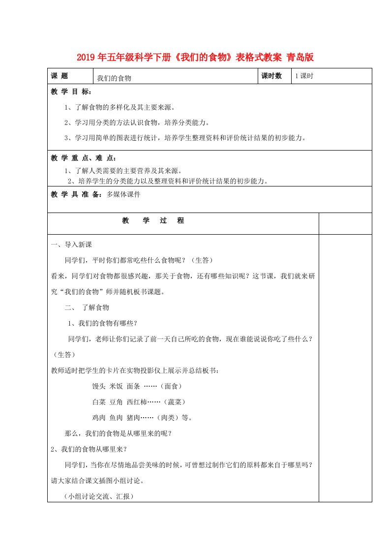 2019年五年级科学下册《我们的食物》表格式教案