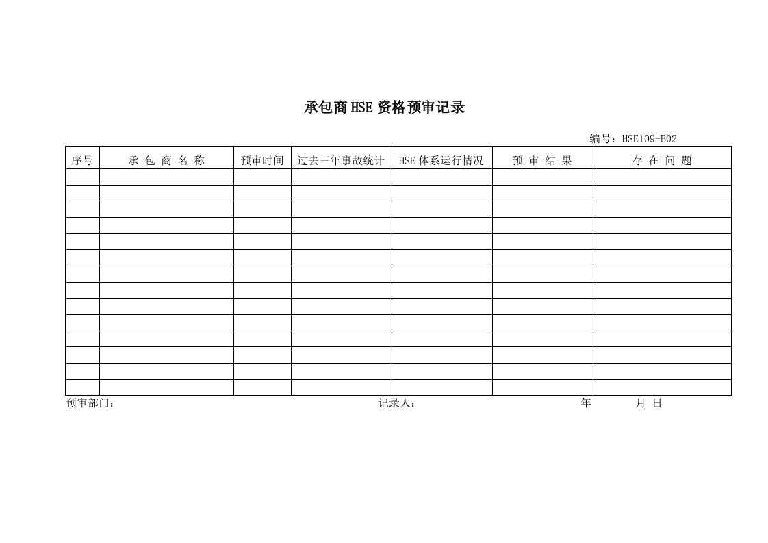 承包商HSE资格预审记录