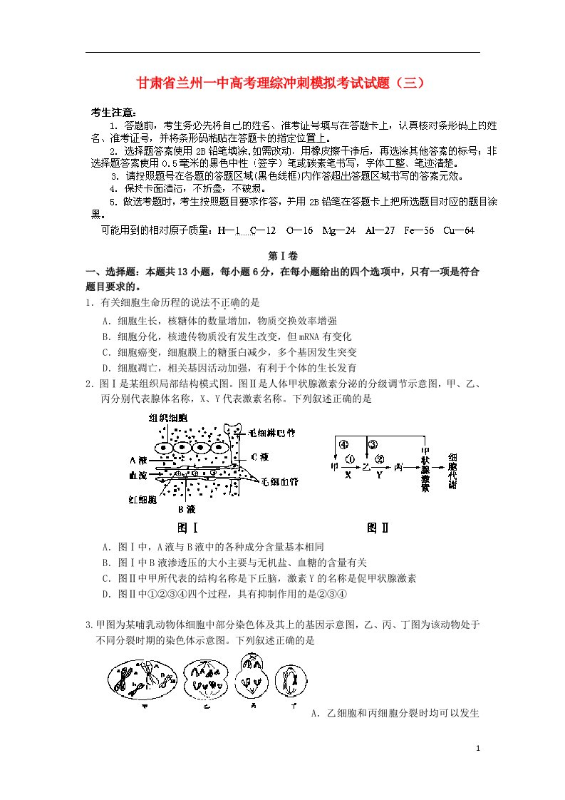 甘肃省兰州一中高考理综冲刺模拟考试试题（三）