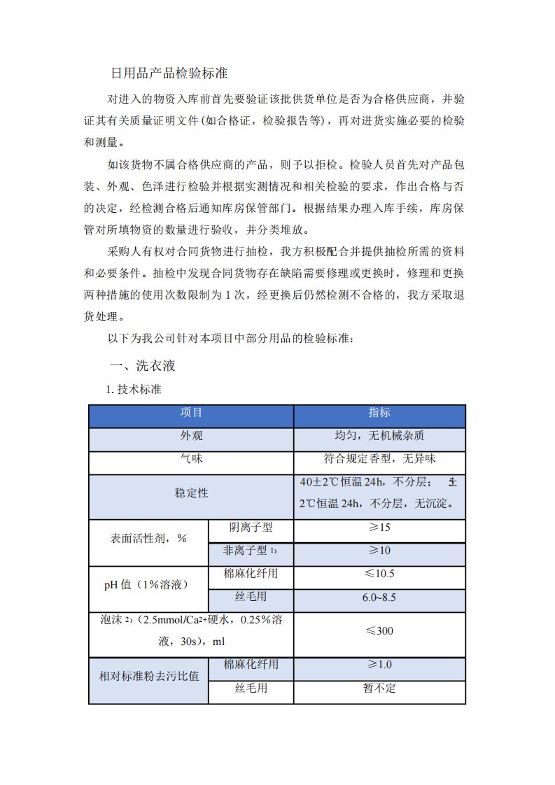 日用品产品检验标准