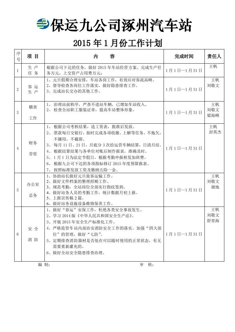 汽车站2015年1月份工作计划