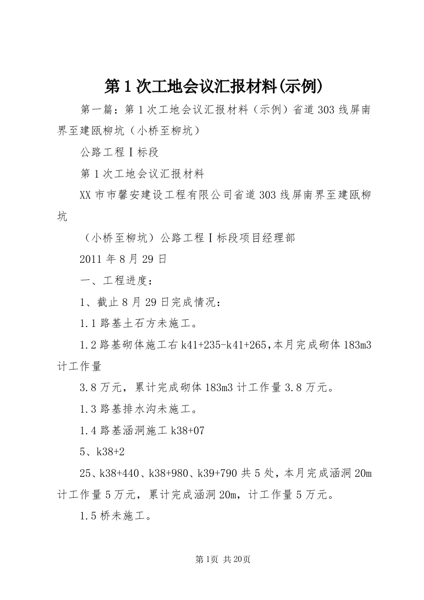 第1次工地会议汇报材料(示例)