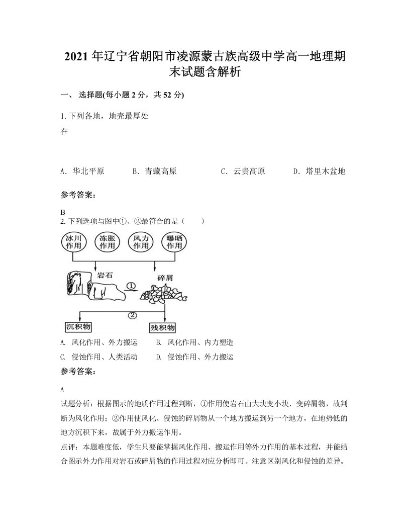 2021年辽宁省朝阳市凌源蒙古族高级中学高一地理期末试题含解析