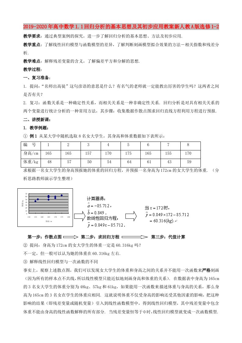 2019-2020年高中数学1.1回归分析的基本思想及其初步应用教案新人教A版选修1-2