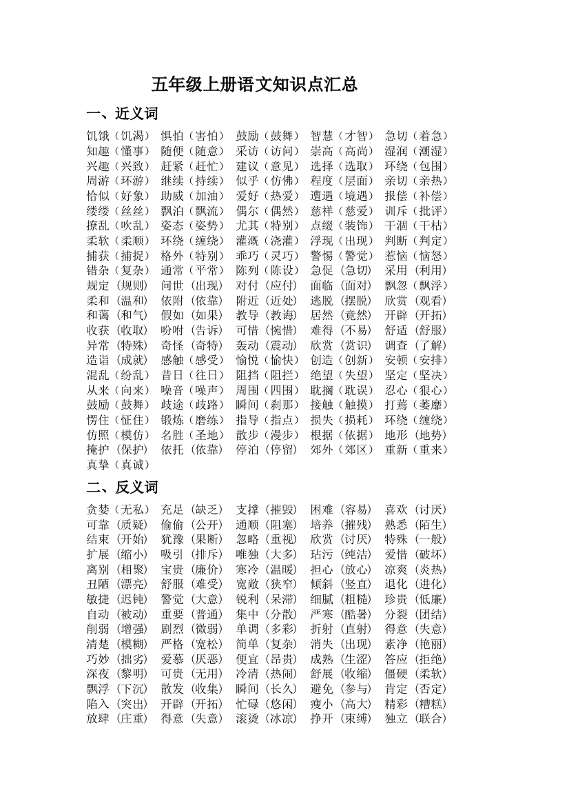 2015年人教版五年级上册语文知识点总结