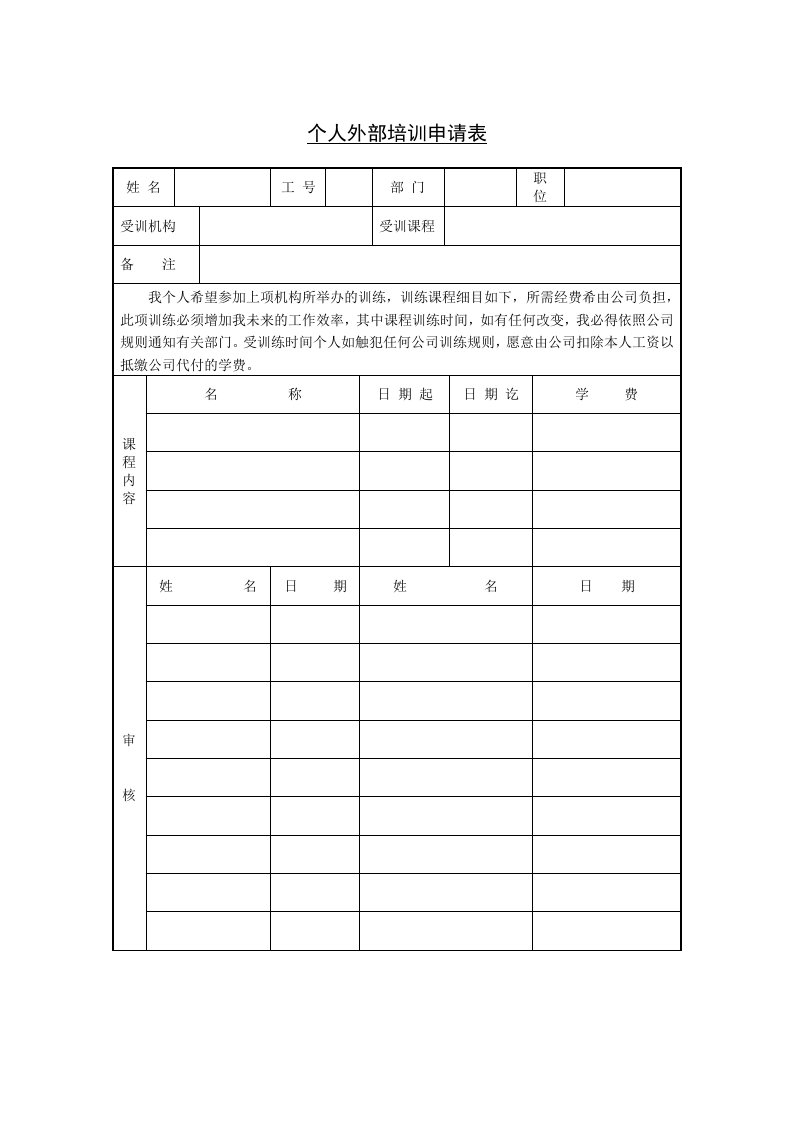 表格模板-员工外部培训申请表