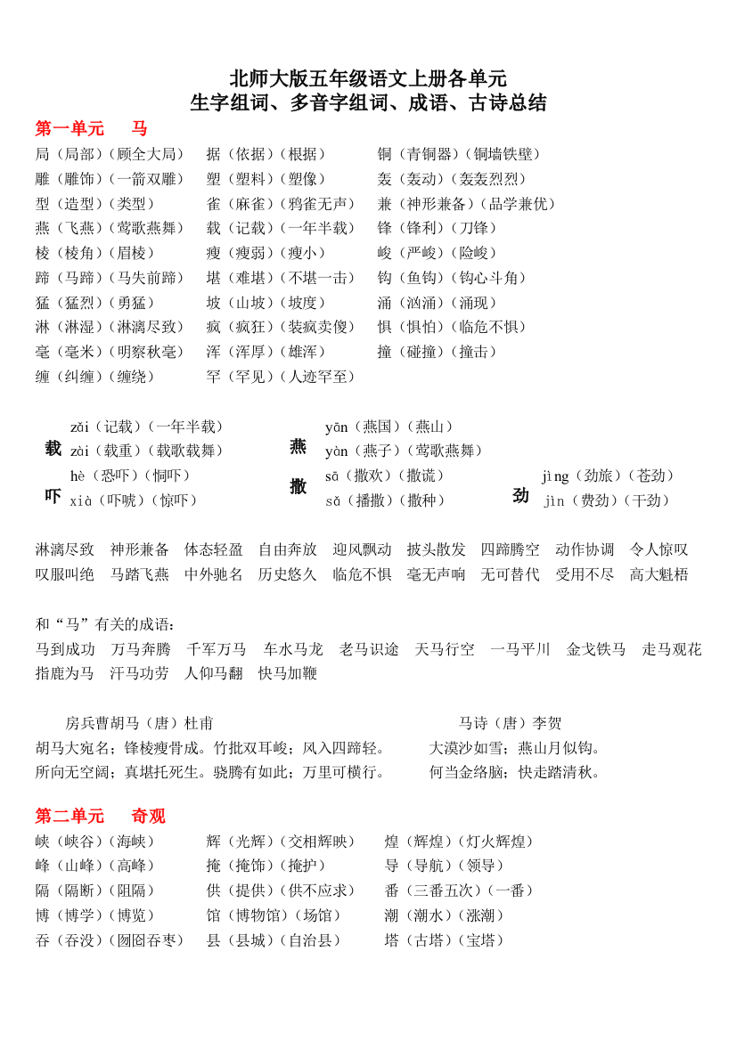 【小学语文】北师大版五年级语文上册单元生字组词、成语、古诗总结