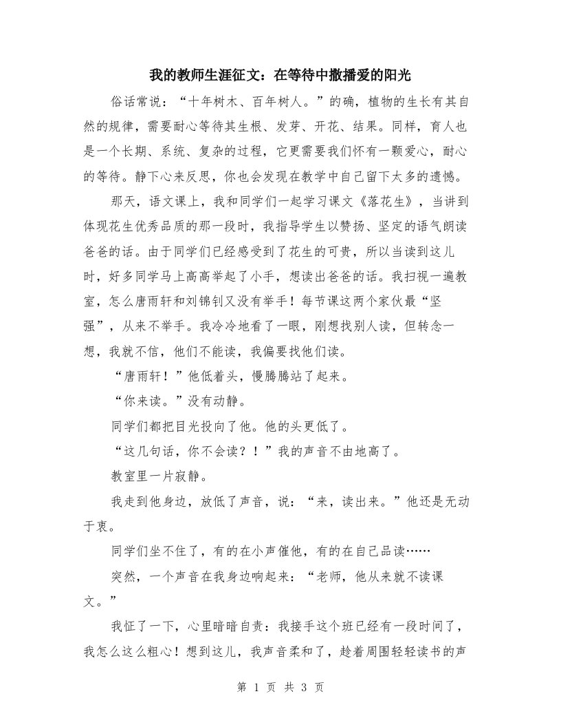 我的教师生涯征文：在等待中撒播爱的阳光