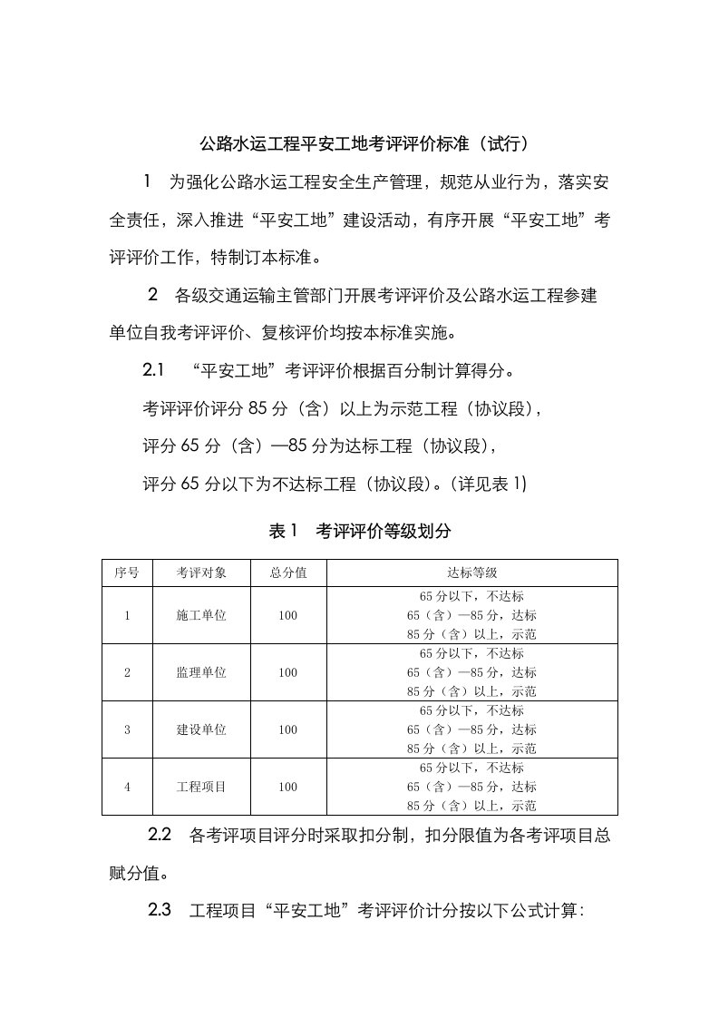 2021年公路水运工程平安工地考核评价标准及表格