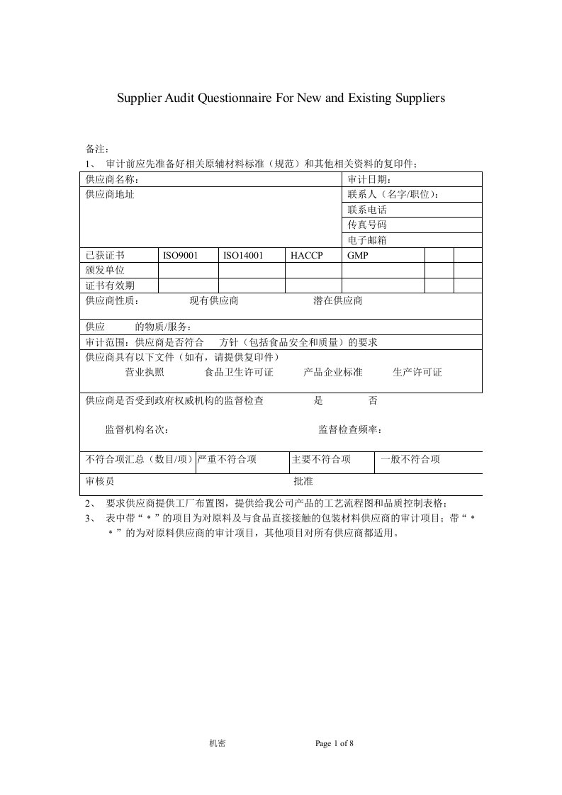 供应商审计检查表