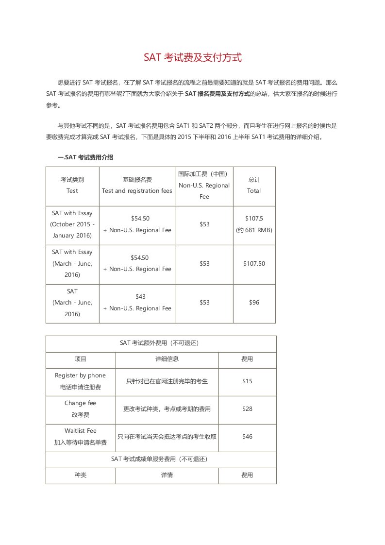 sat考试费及支付方式